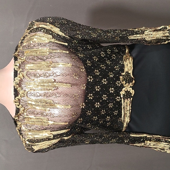 Prom Goth Unique Hollywood Retro Gown Black Gold Sequins Vintage 70s Med - Picture 2 of 12